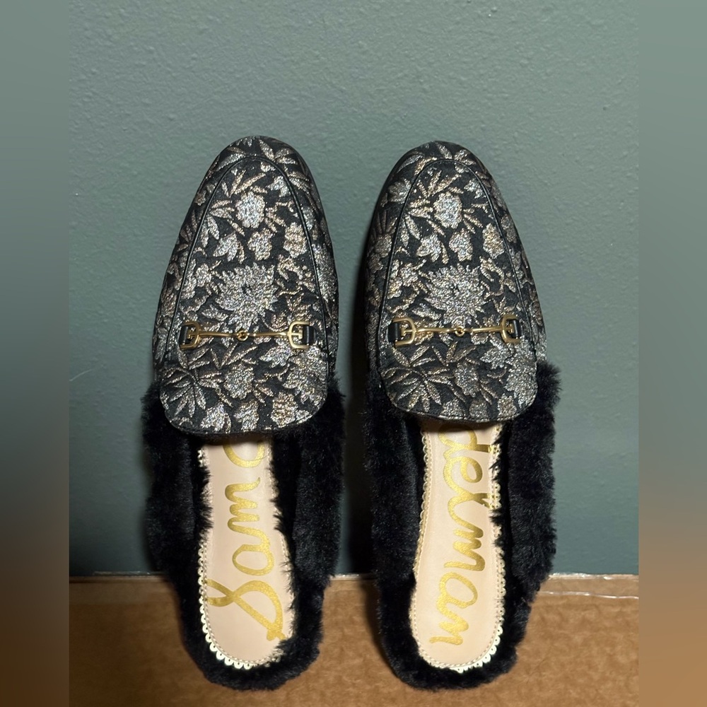 NEW Sam Edelman Horse Bit Mule - Metallic Embroidered with Fur Size 9.5